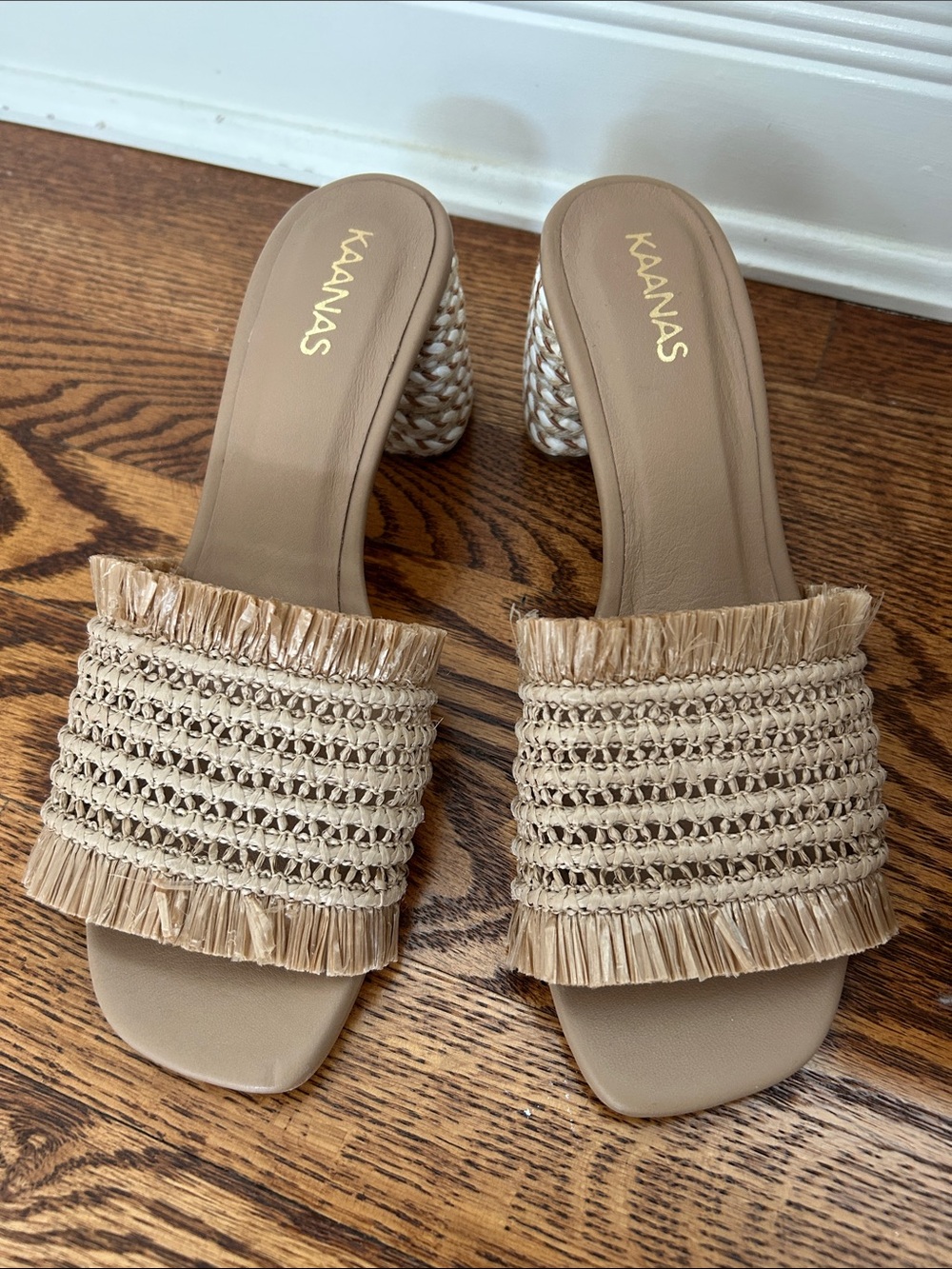 KAANAS Tan Woven Raffia Slide Mules